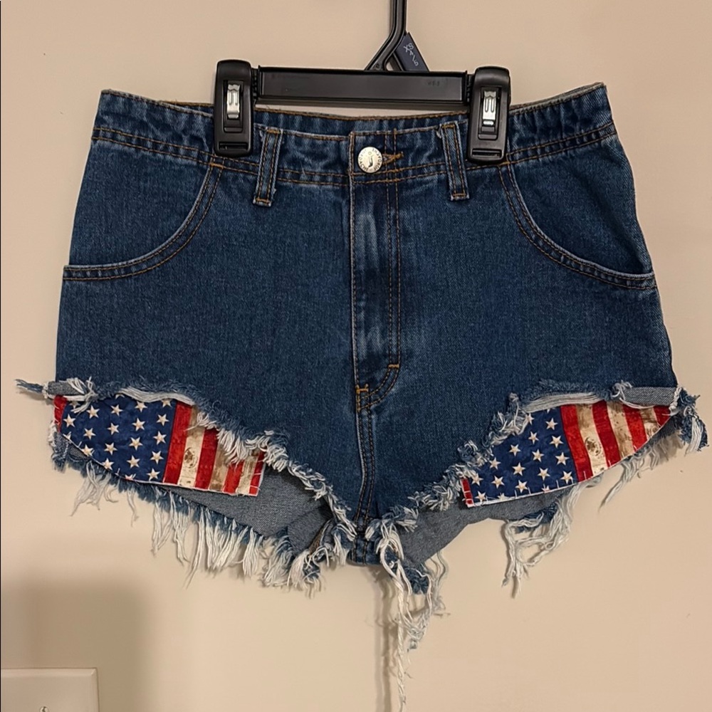 Vintage Y2K Denim Shorts with JULY 4th American Flag Accents S/M USA